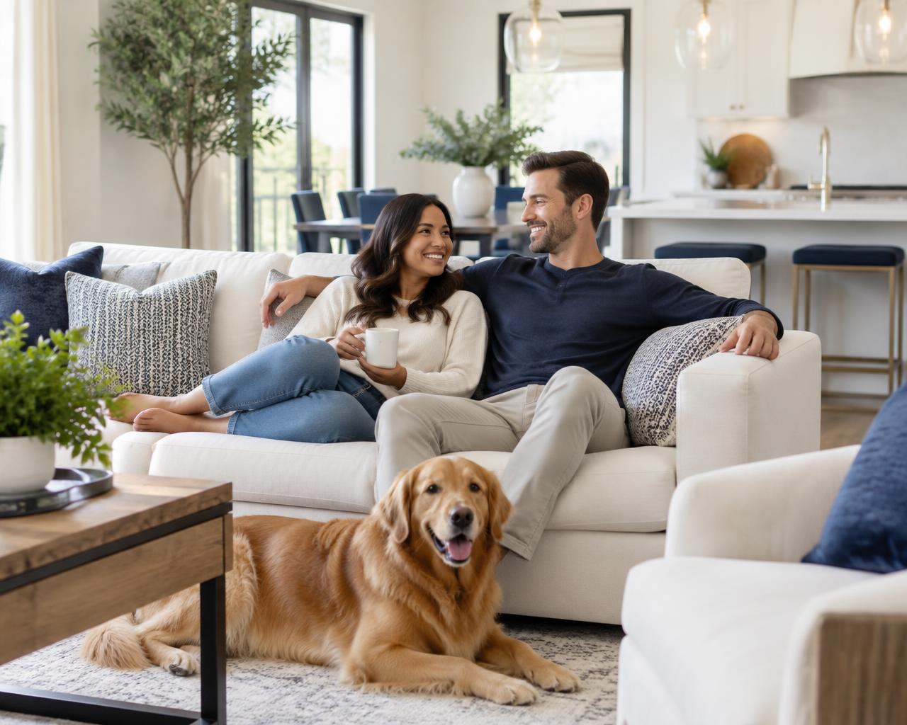 Happy homeowners relaxing in their freshly cleaned living room