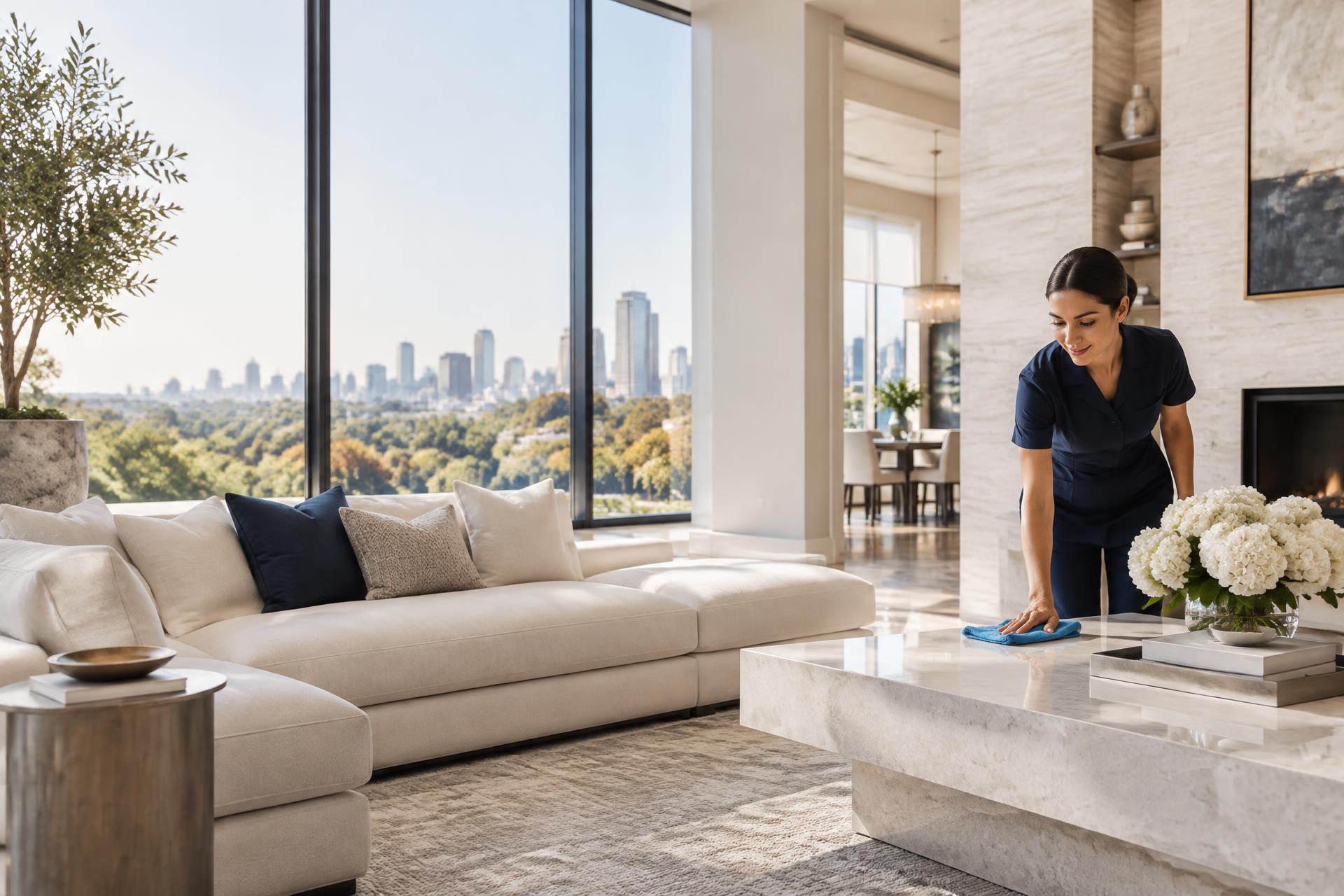 Professional cleaner caring for a bright luxury living room